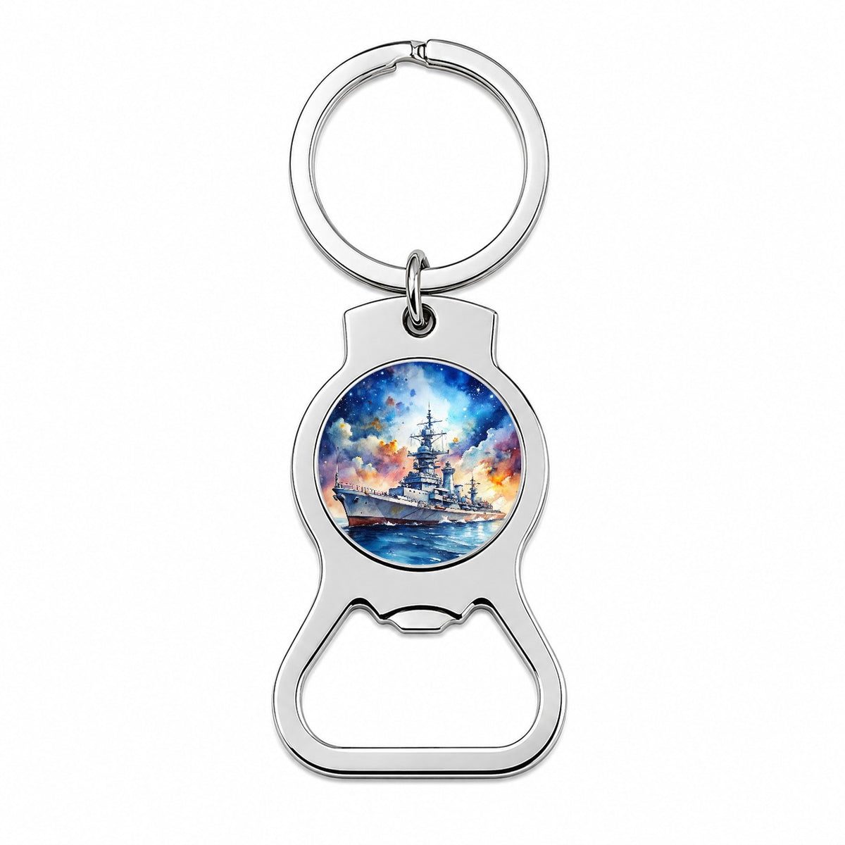 Battleship Under Fantasy Sky Watercolor Bottle Opener Keychain