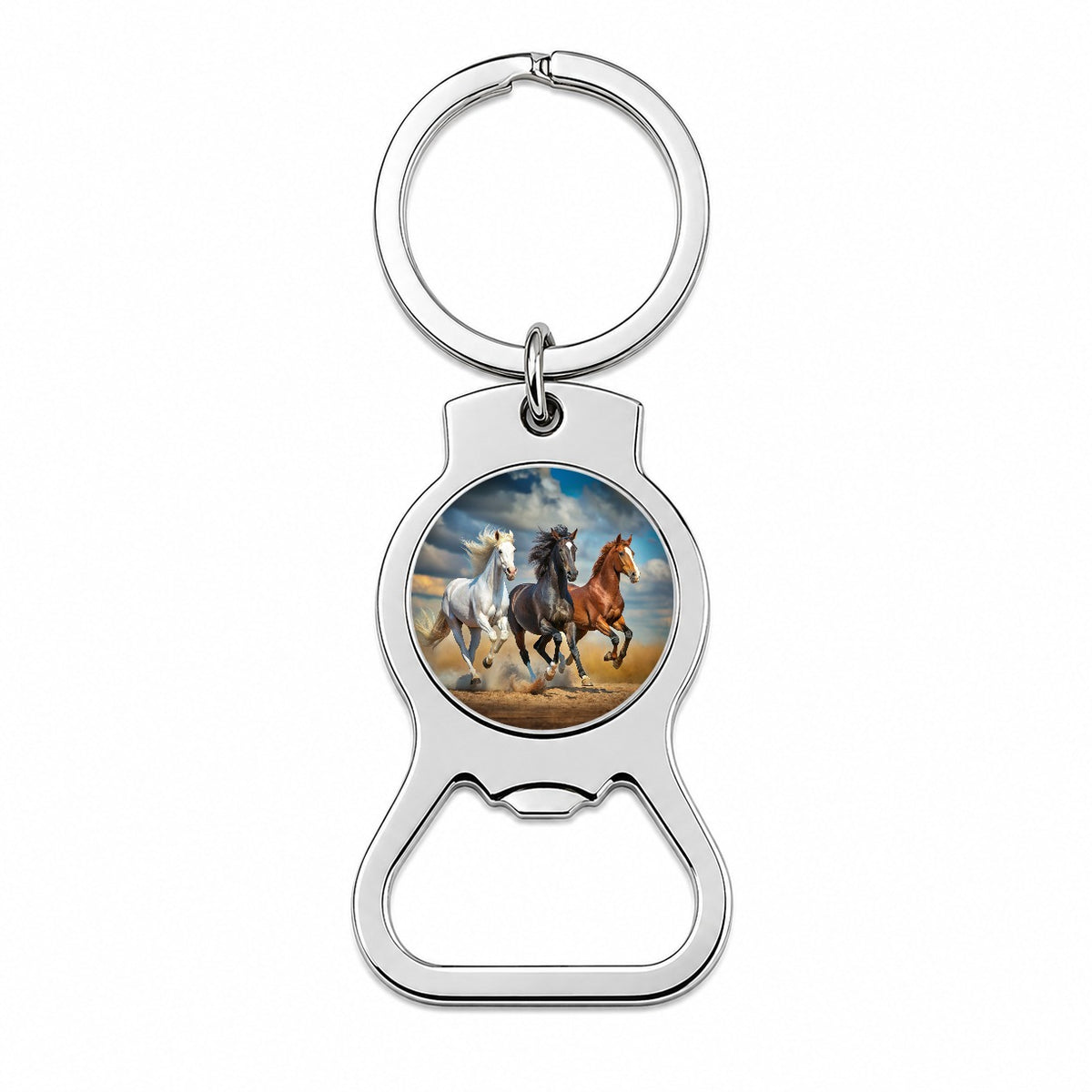Black White and Brown Horses Galloping Bottle Opener Keychain