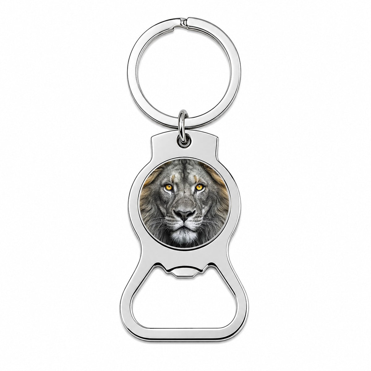 Black White Lion's Face with Gold Eyes Bottle Opener Keychain