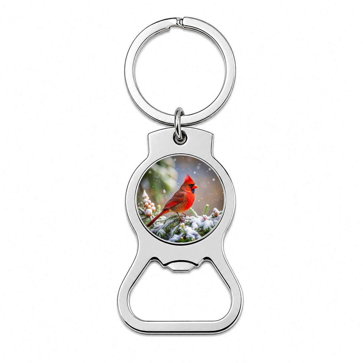 Cardinal In Winter Backyard Bird Bottle Opener Keychain