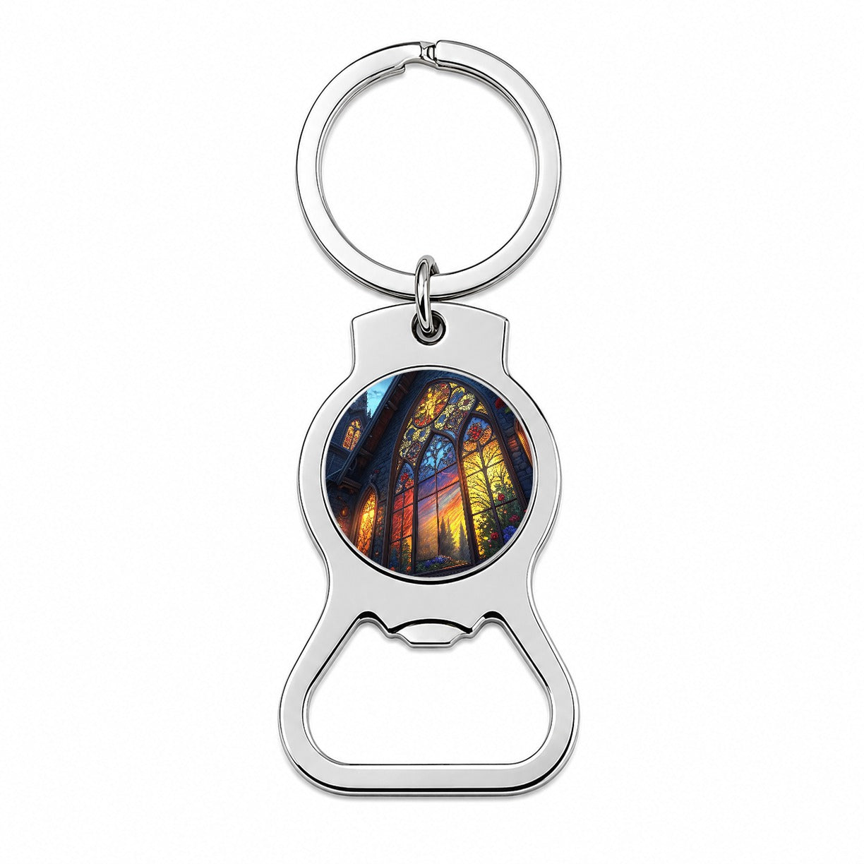 Church Stained Glass Windows at Night Bottle Opener Keychain