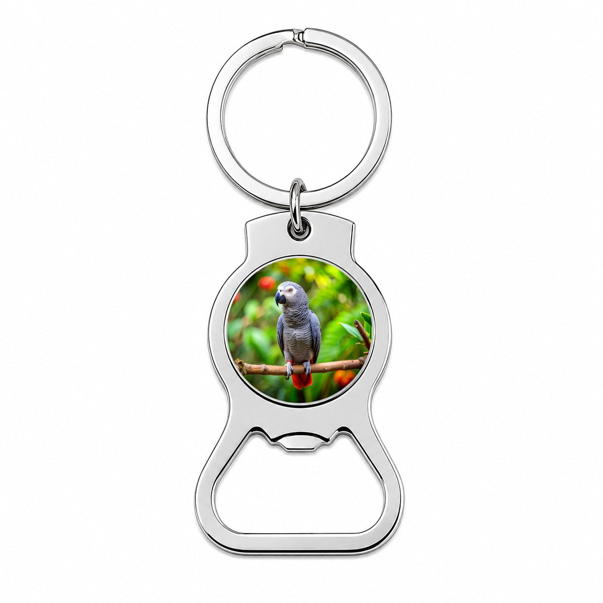 Congo African Grey Parrot Bird On Branch Bottle Opener Keychain