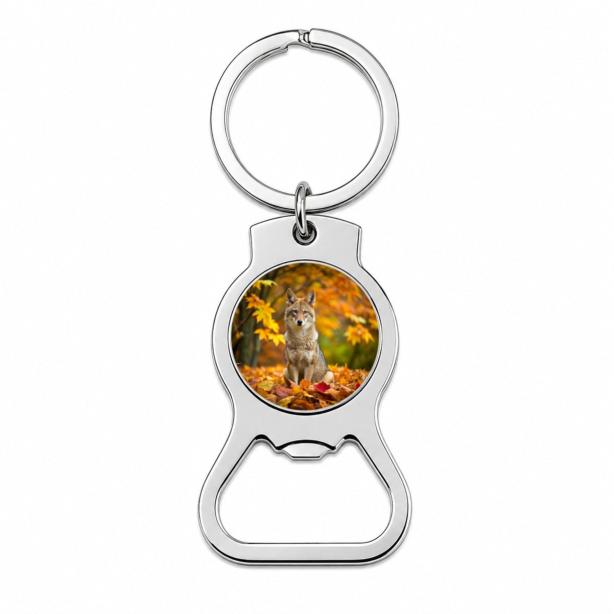 Coyote Sitting In The Fall Leaves Bottle Opener Keychain