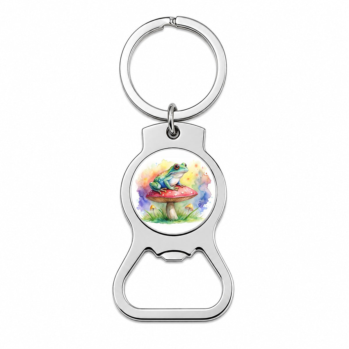 Frog Sitting On A Magical Mushroom Watercolor Bottle Opener Keychain