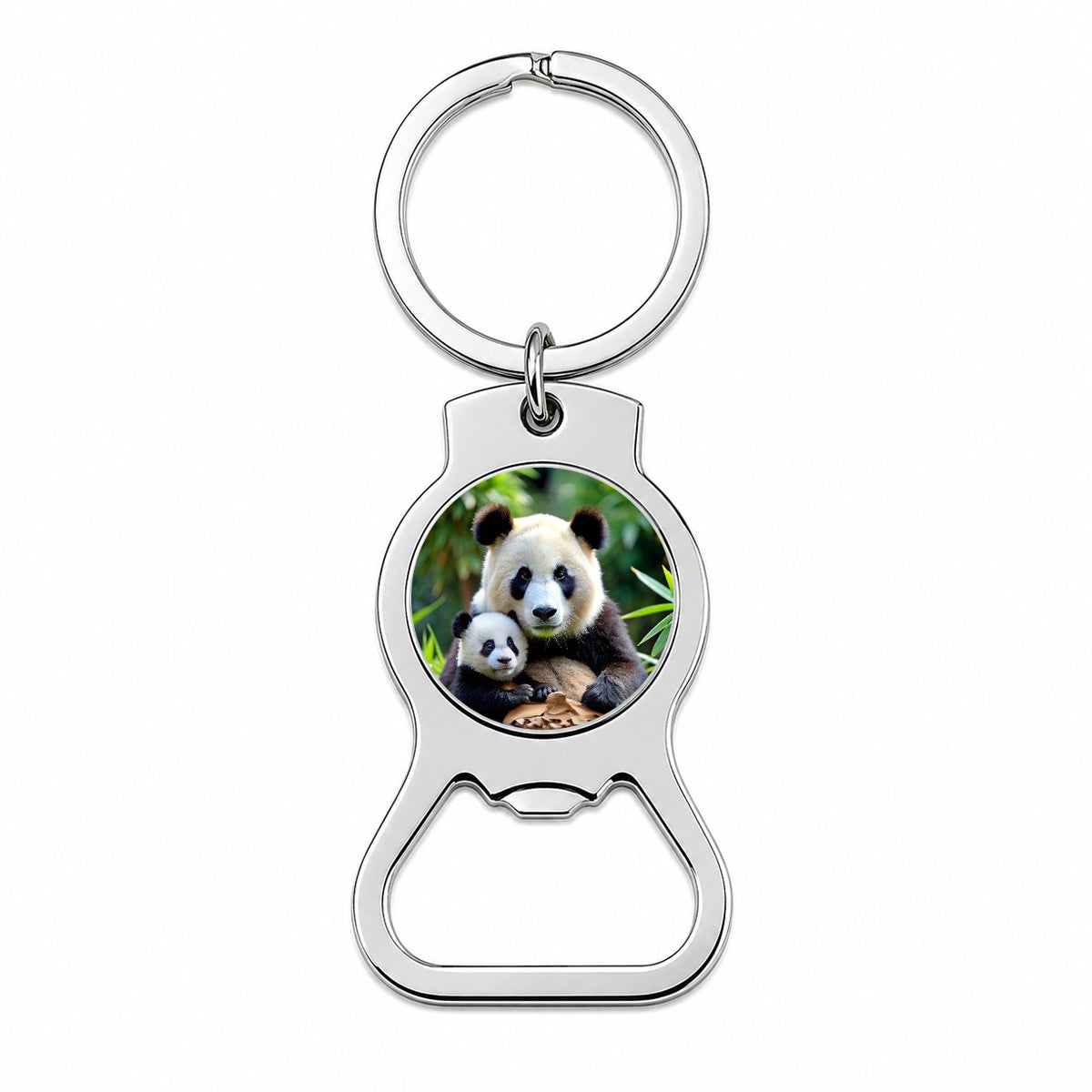 Giant Panda Mother With Baby Bottle Opener Keychain