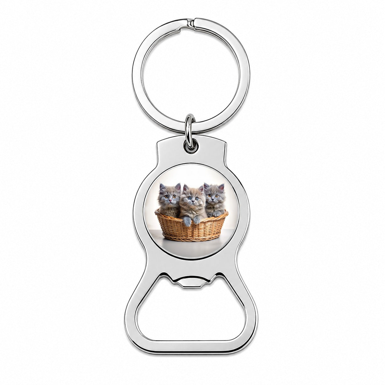 Gray British Longhair Kittens In A Basket Bottle Opener Keychain