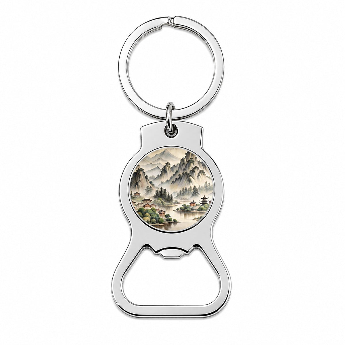Japanese Style Ink Painting Lake and Mountains Landscape Bottle Opener Keychain