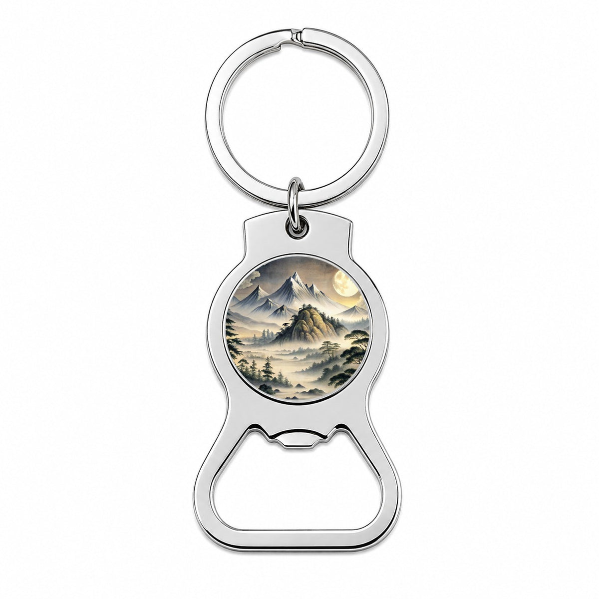 Japanese Style Ink Painting Landscape Misty Mountains Large Moon Bottle Opener Keychain