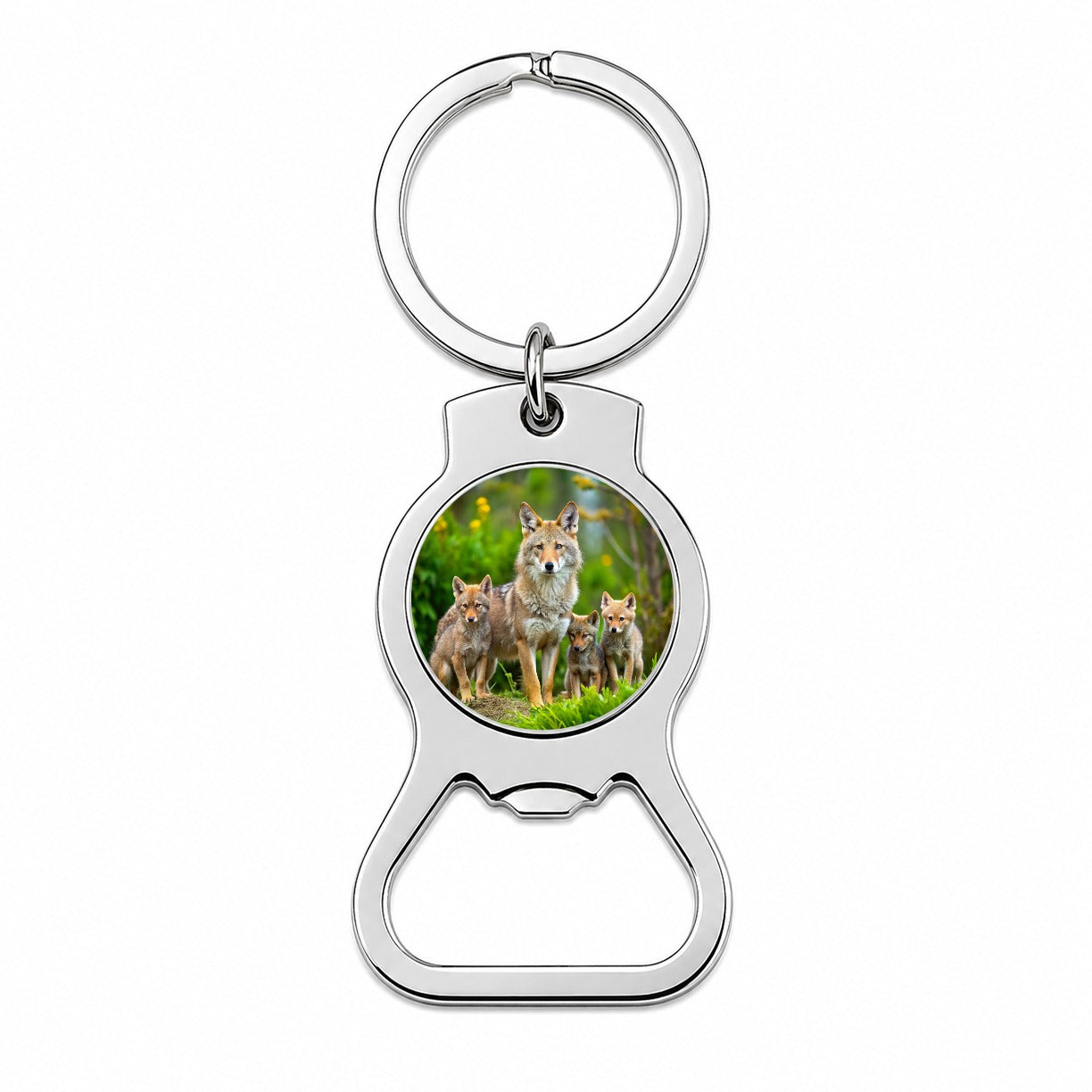 Mother Coyote And Pups Bottle Opener Keychain