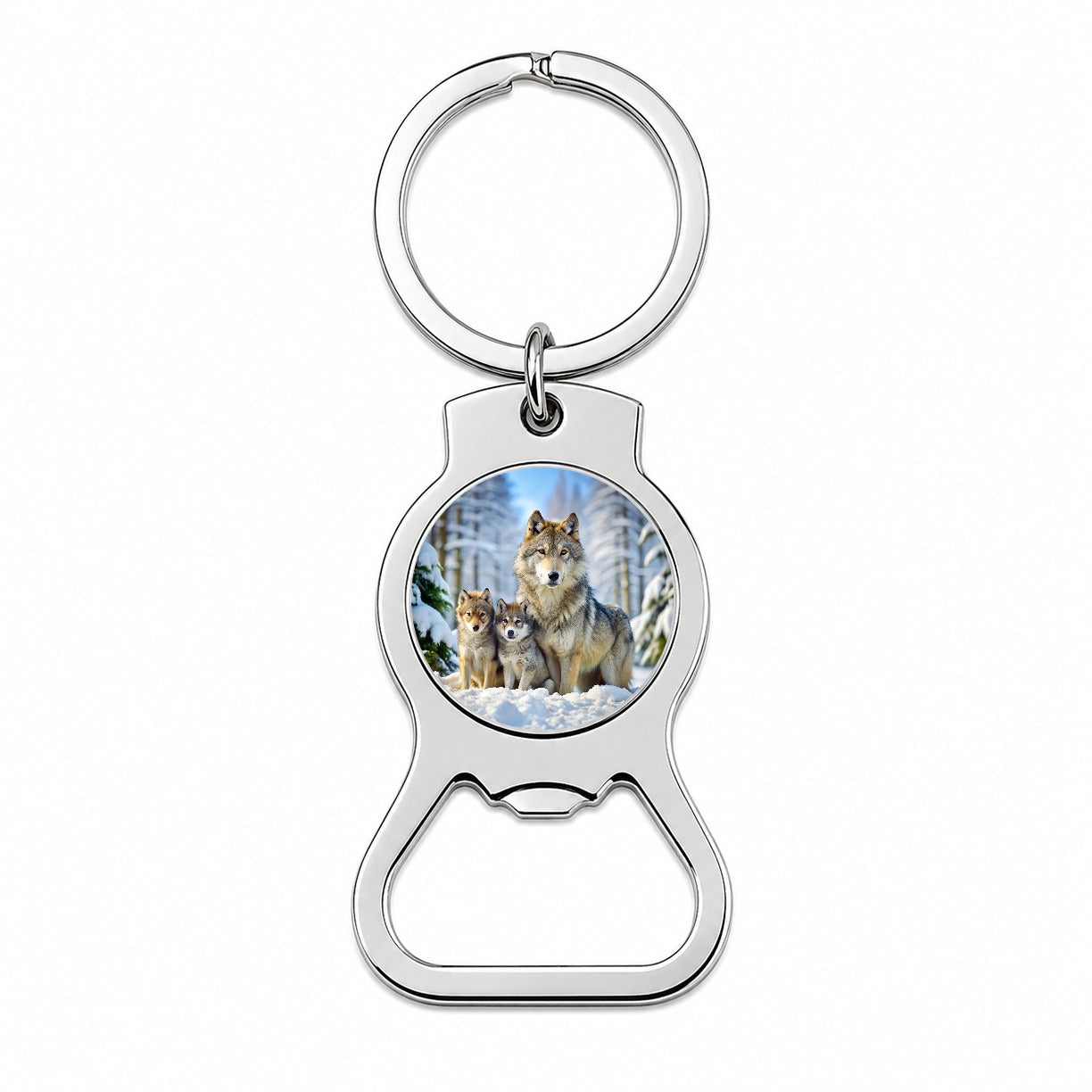 Mother Wolf And Pups In Winter Bottle Opener Keychain