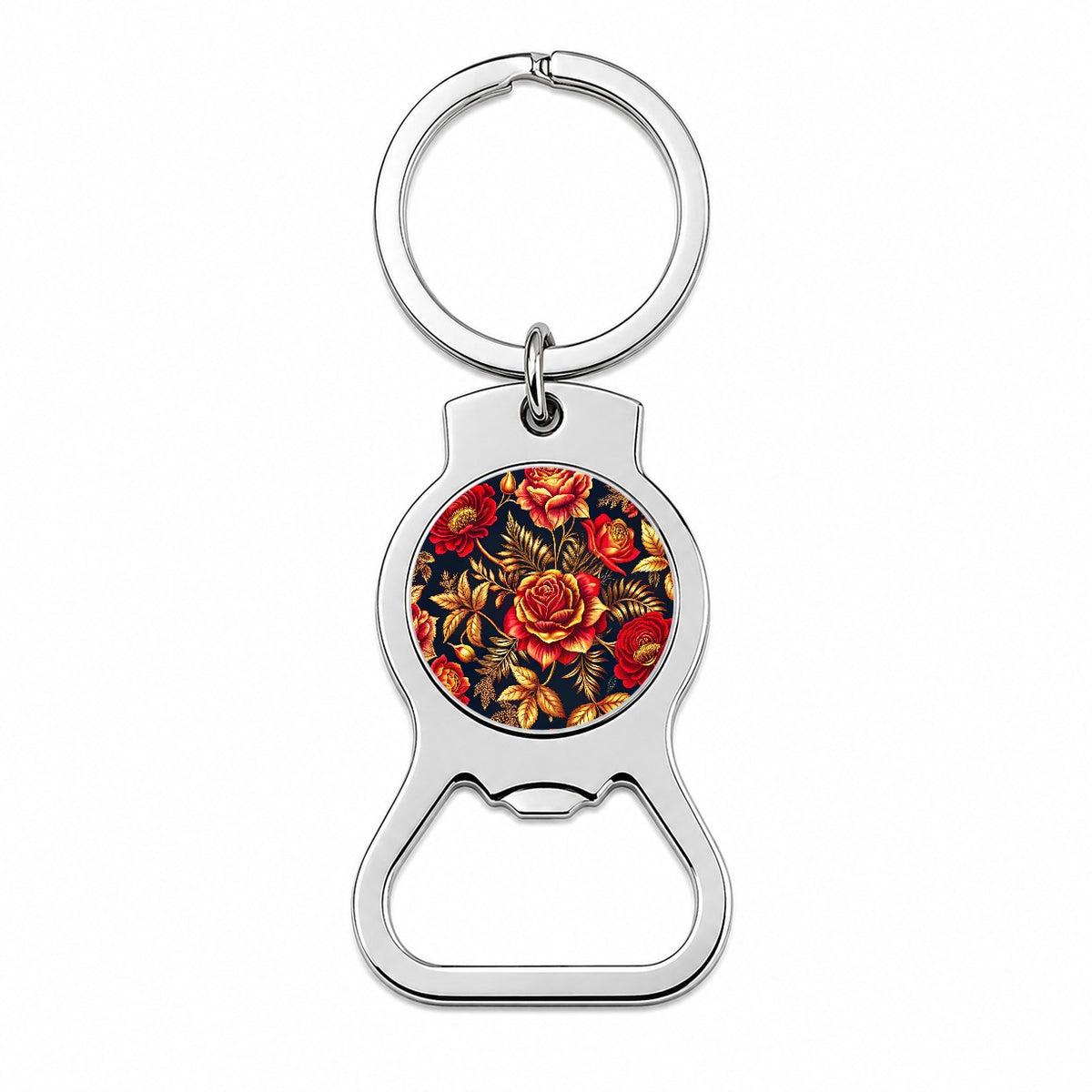 Neon Red And Gold Rose Floral Pattern Bottle Opener Keychain