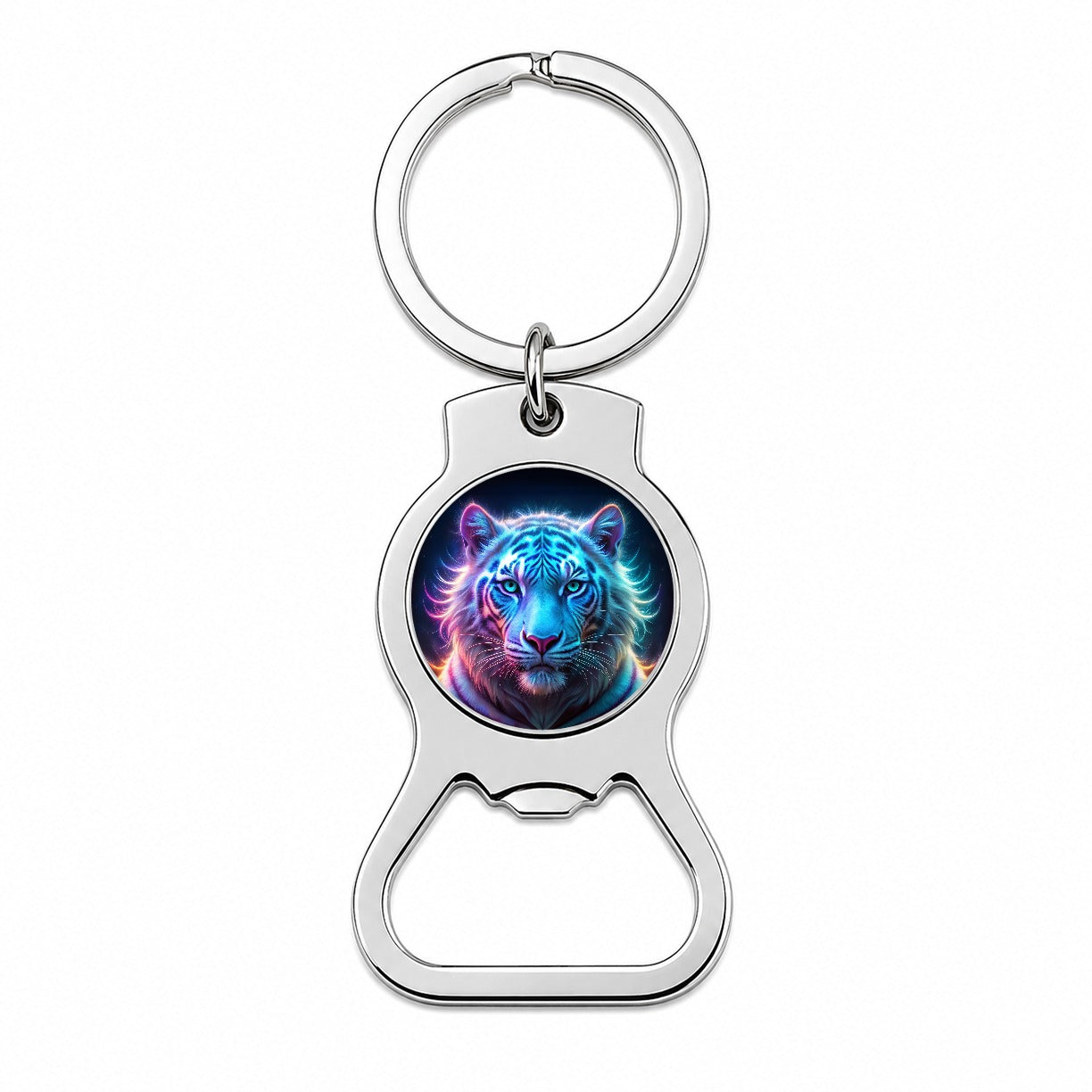 Neon White Tiger Face Bottle Opener Keychain