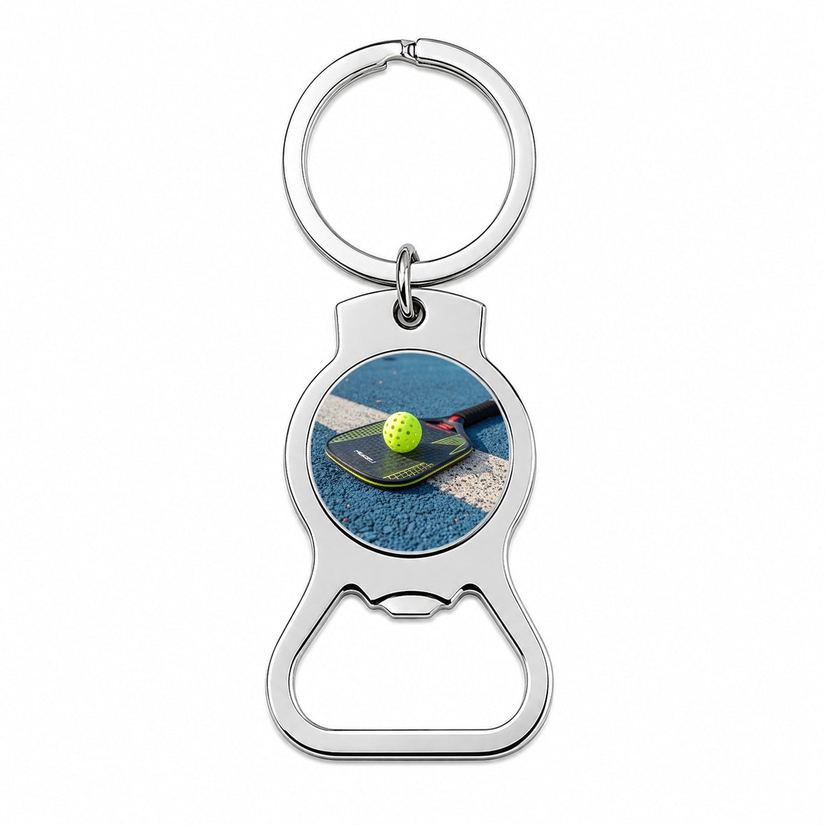 Pickleball Paddle and Ball on Court Bottle Opener Keychain