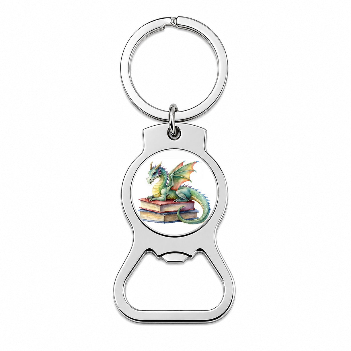 Reading Dragon Laying On Top Books Watercolor Bottle Opener Keychain
