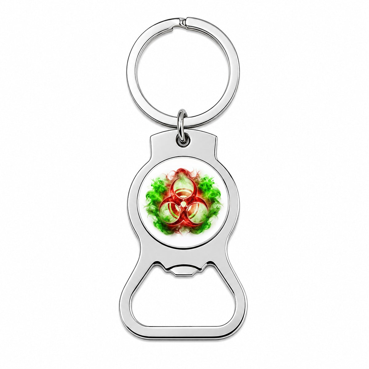 Red Zombie Outbreak Symbol With Green Toxic Gas Bottle Opener Keychain