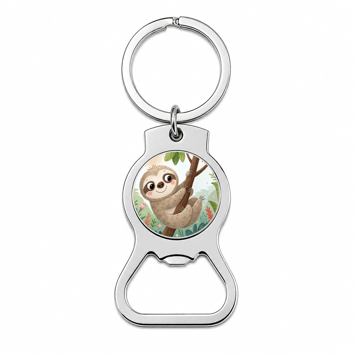 Sloth on Tree Children's Illustration Style Bottle Opener Keychain