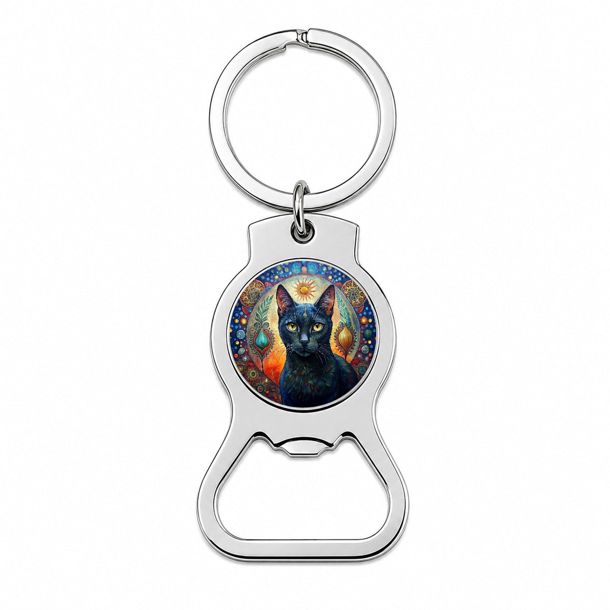 Black Cat Bohemian Art Bottle Opener Keychain