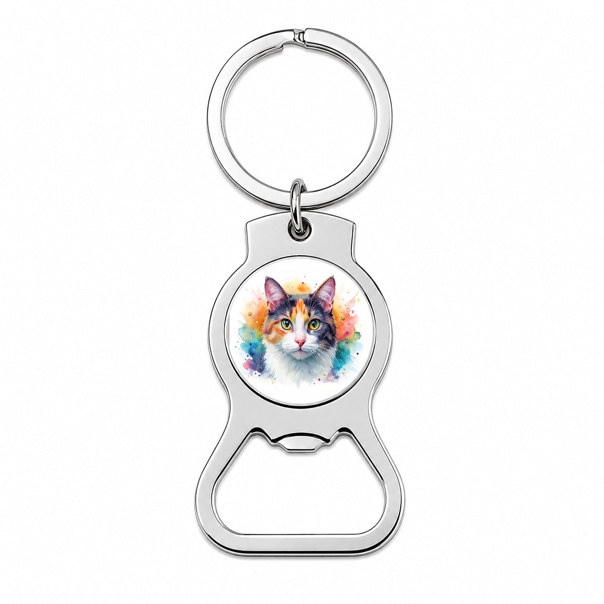 Calico Cat Watercolor Style Bottle Opener Keychain