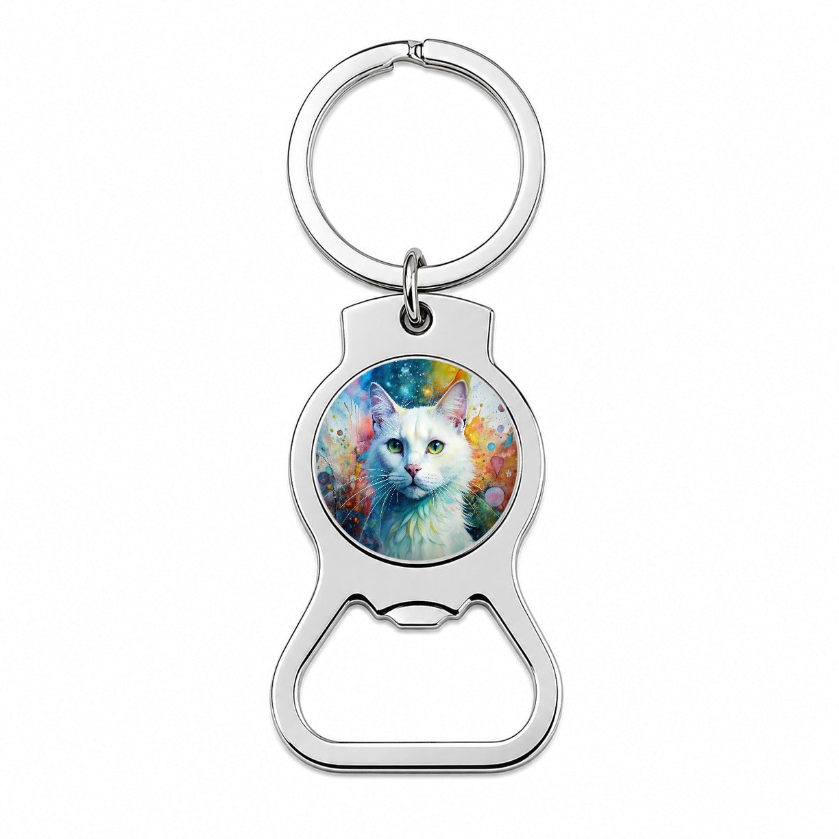 White Cat Abstract Art Bottle Opener Keychain