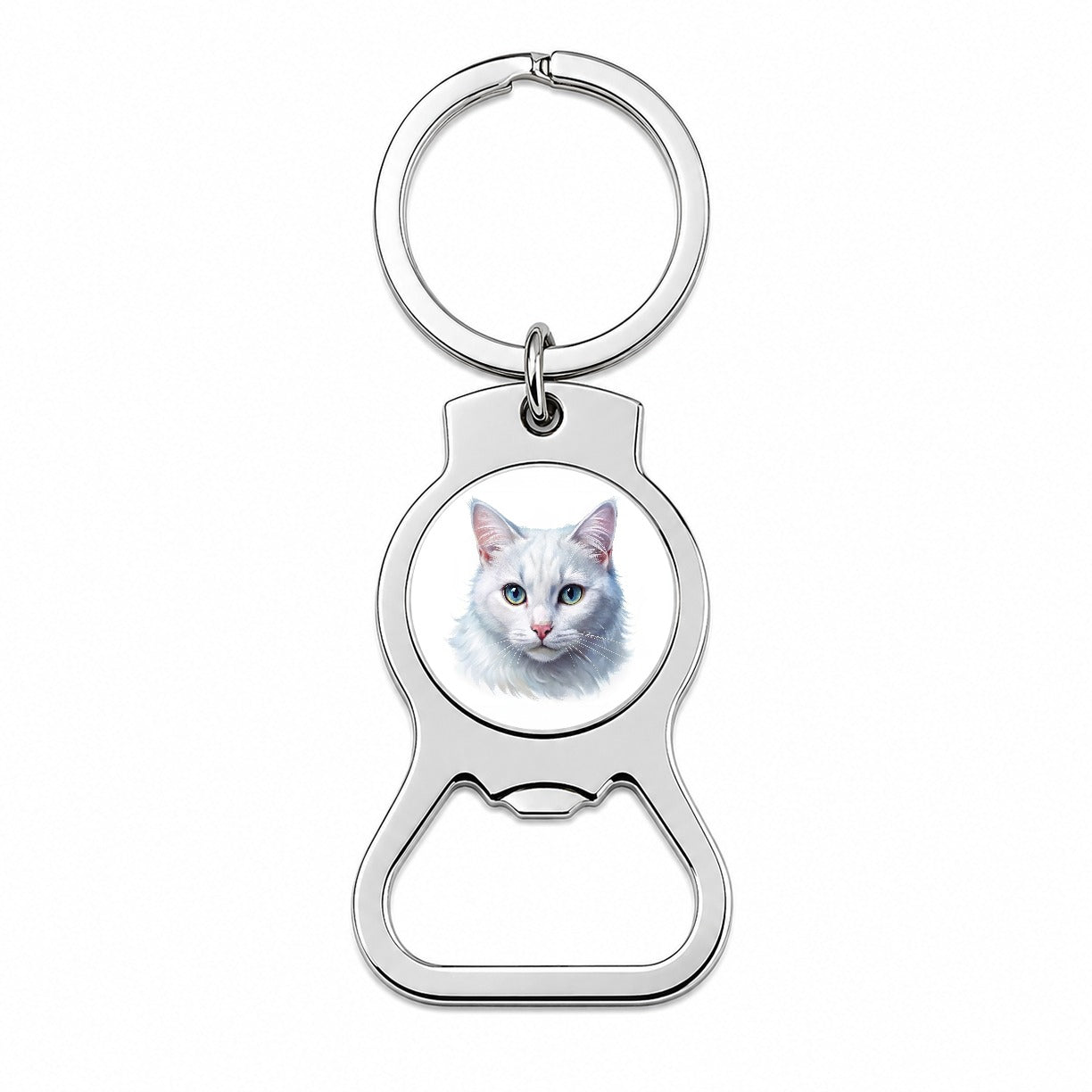 White Cat Illustration Bottle Opener Keychain