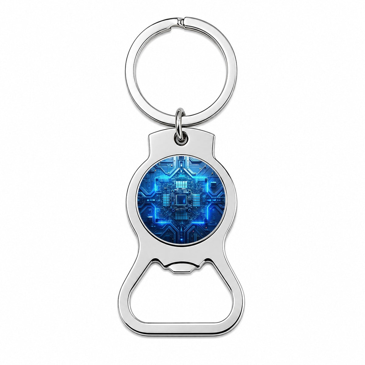 Intricate Blue Circuit Board Bottle Opener Keychain