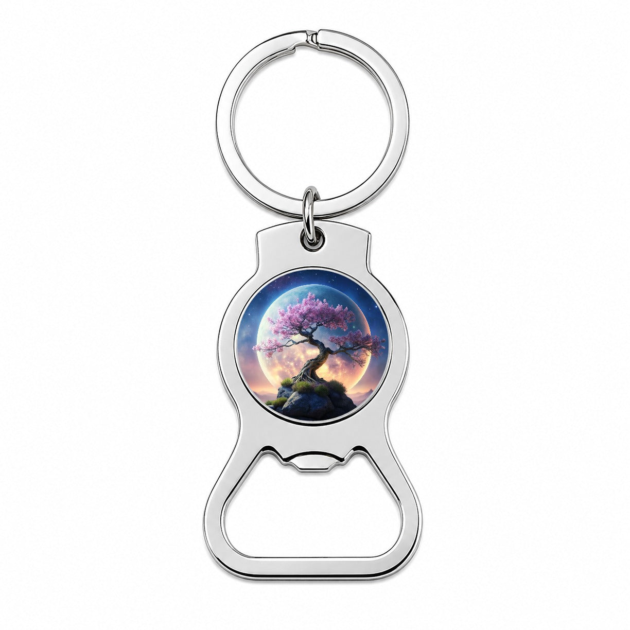 Japanese Bonsai Tree With Pink Flowers On Hill Under Large Moon Bottle Opener Keychain