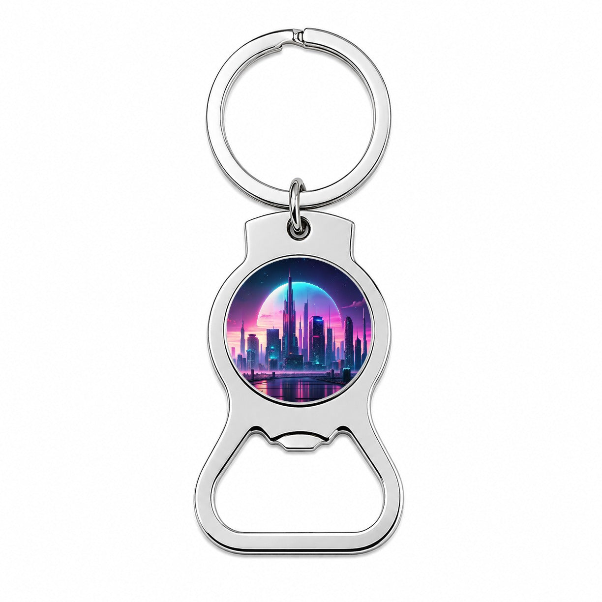 Purple Neon Sci-fi City Horizon Bottle Opener Keychain