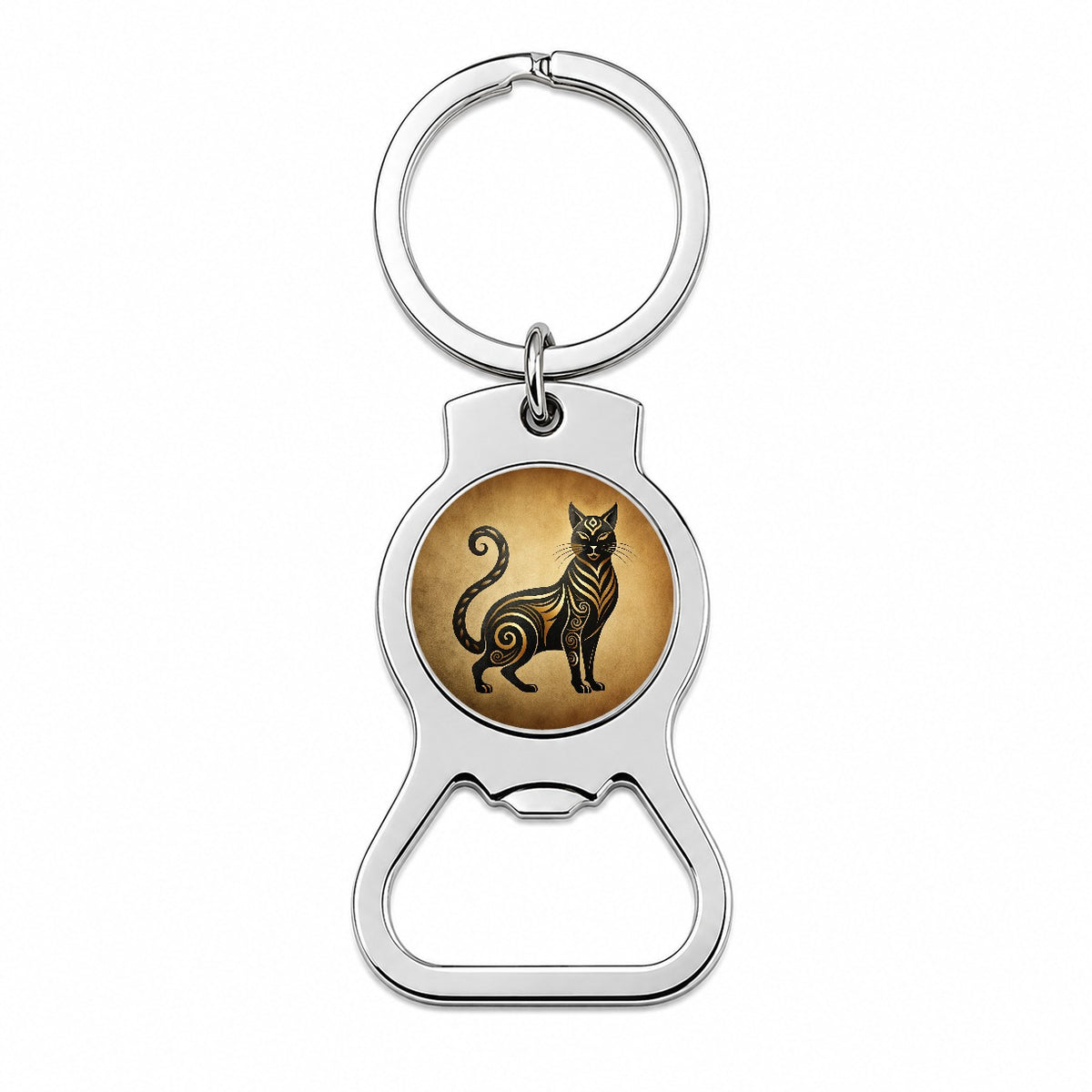 Stylized Black Cat Design Bottle Opener Keychain