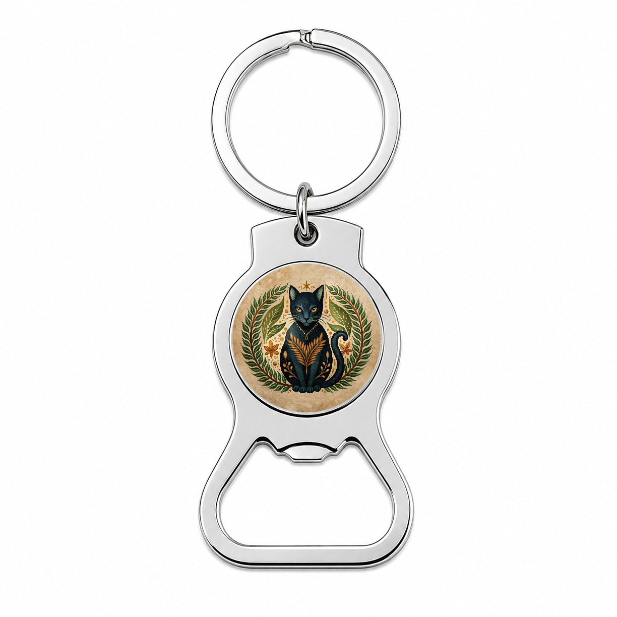 Stylized Black Cat Illustration Leaf Design Bottle Opener Keychain