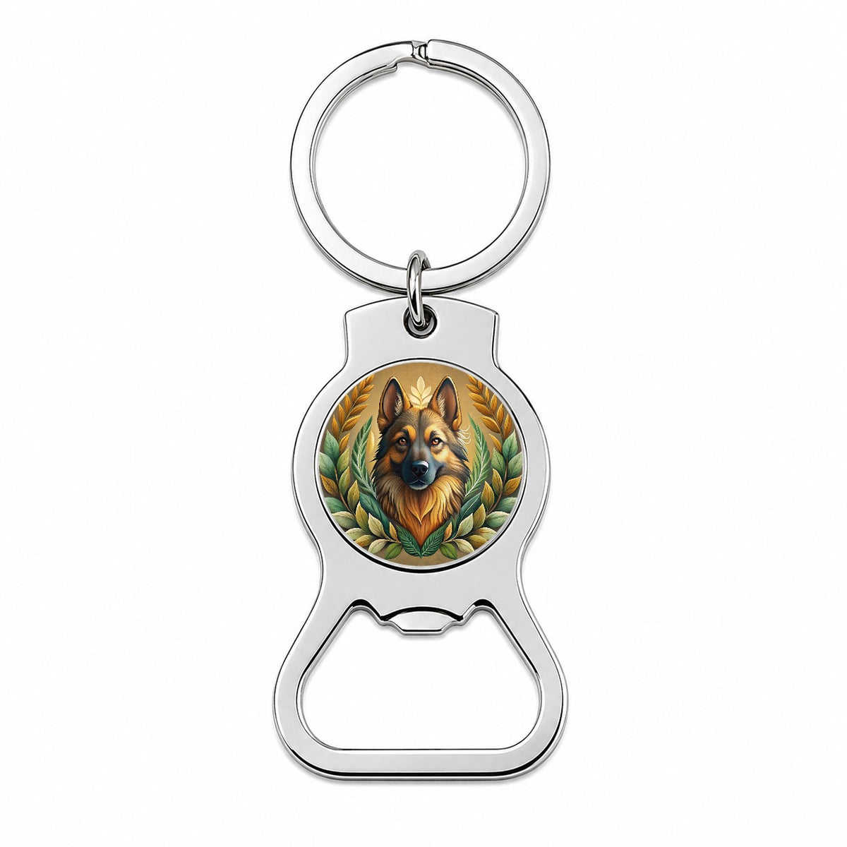 Stylized German Shepherd Illustration Leaf Design Bottle Opener Keychain
