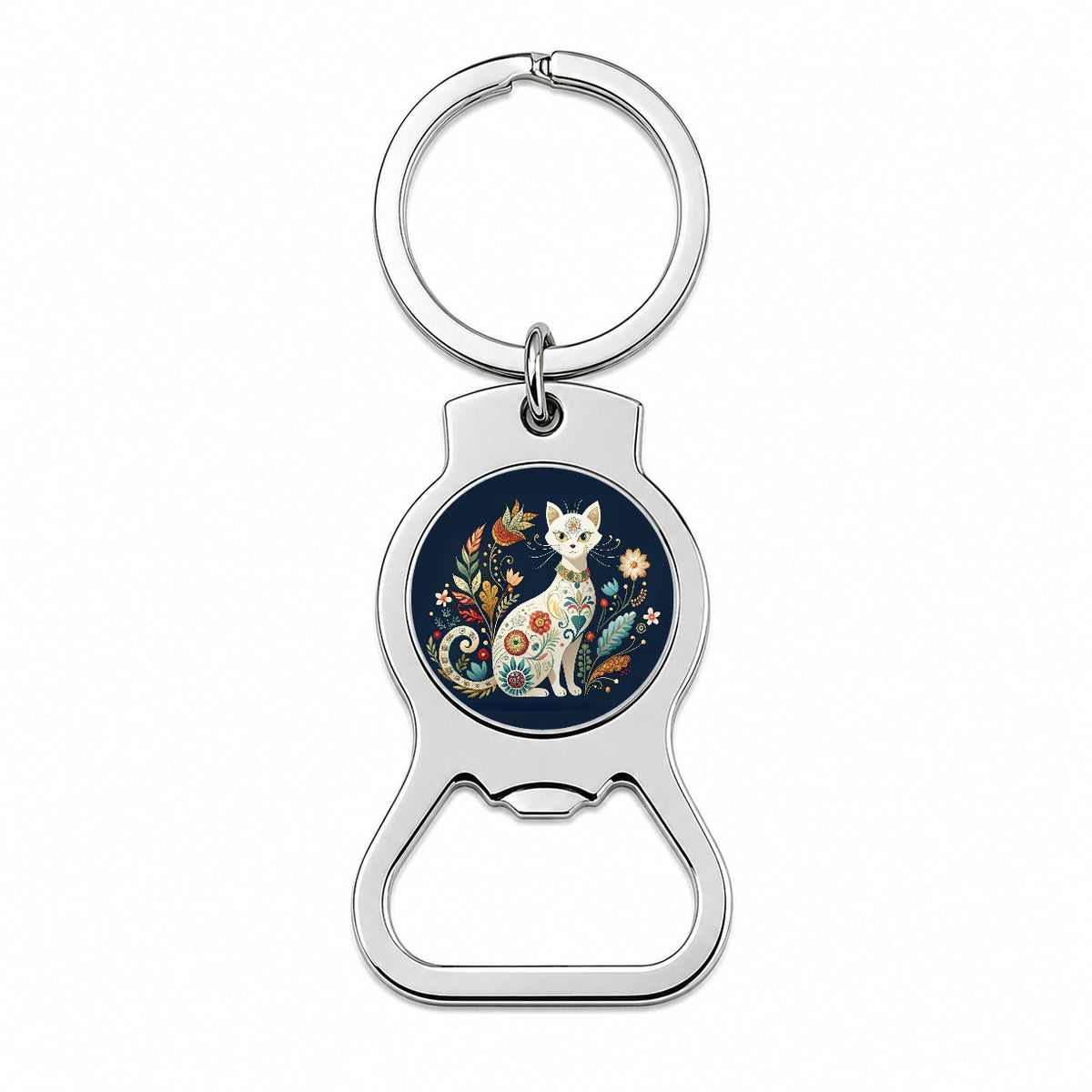 Stylized White Cat Floral Design Bottle Opener Keychain