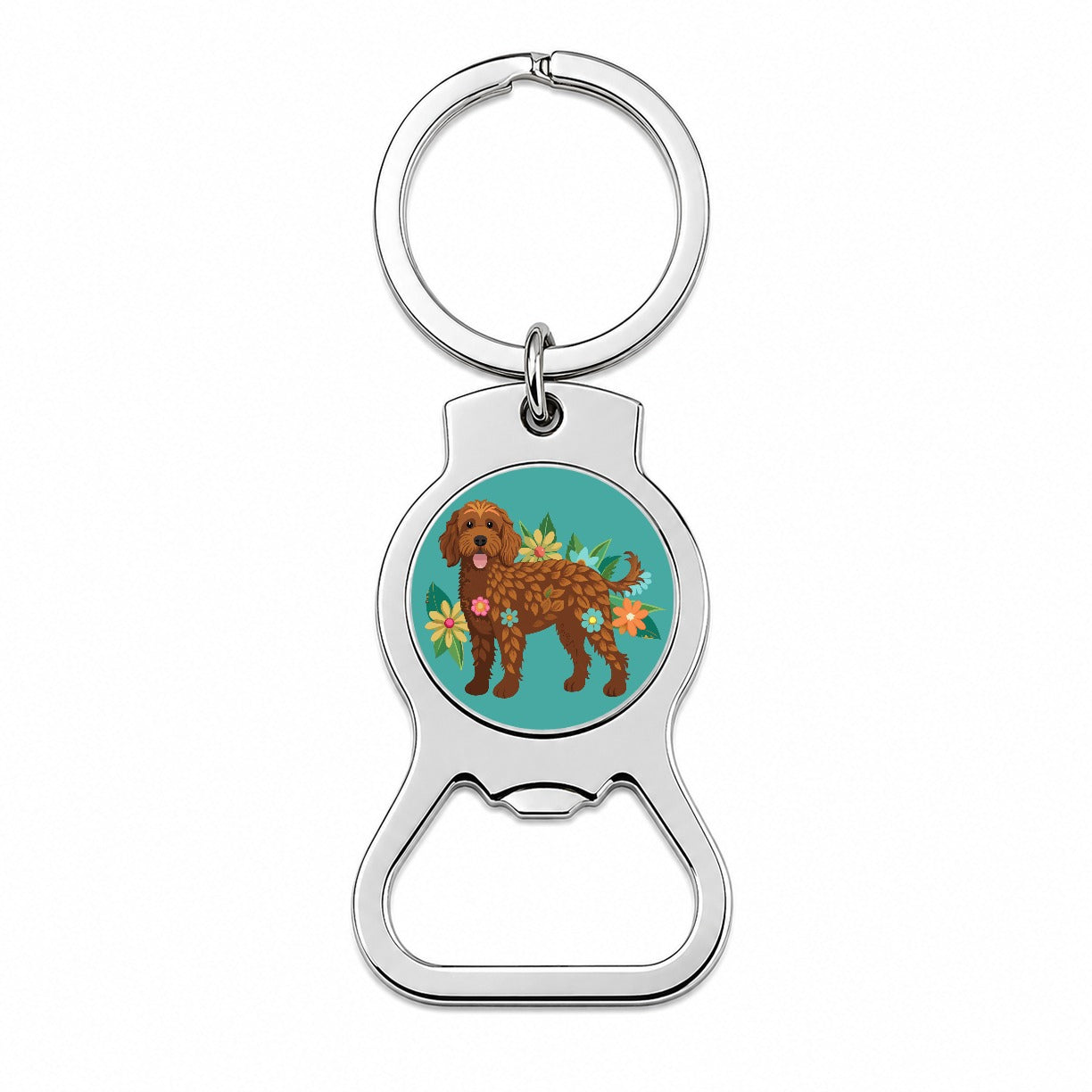 Brown Labradoodle Floral Motif Dog Bottle Opener Keychain