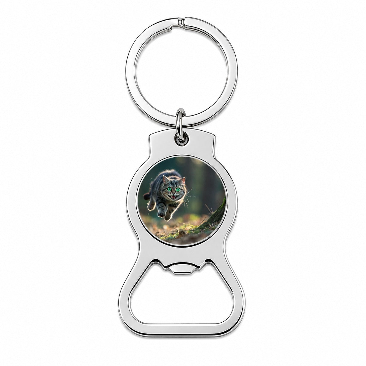 Cat Leaping Green Eyes Funny Bottle Opener Keychain