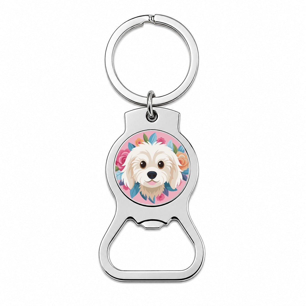 Cavachon Head Dog Floral Motif Pink Background Bottle Opener Keychain
