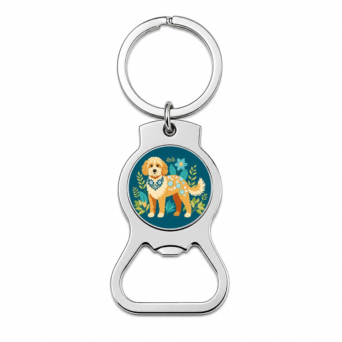 Cavapoo Floral Motif Dog Bottle Opener Keychain