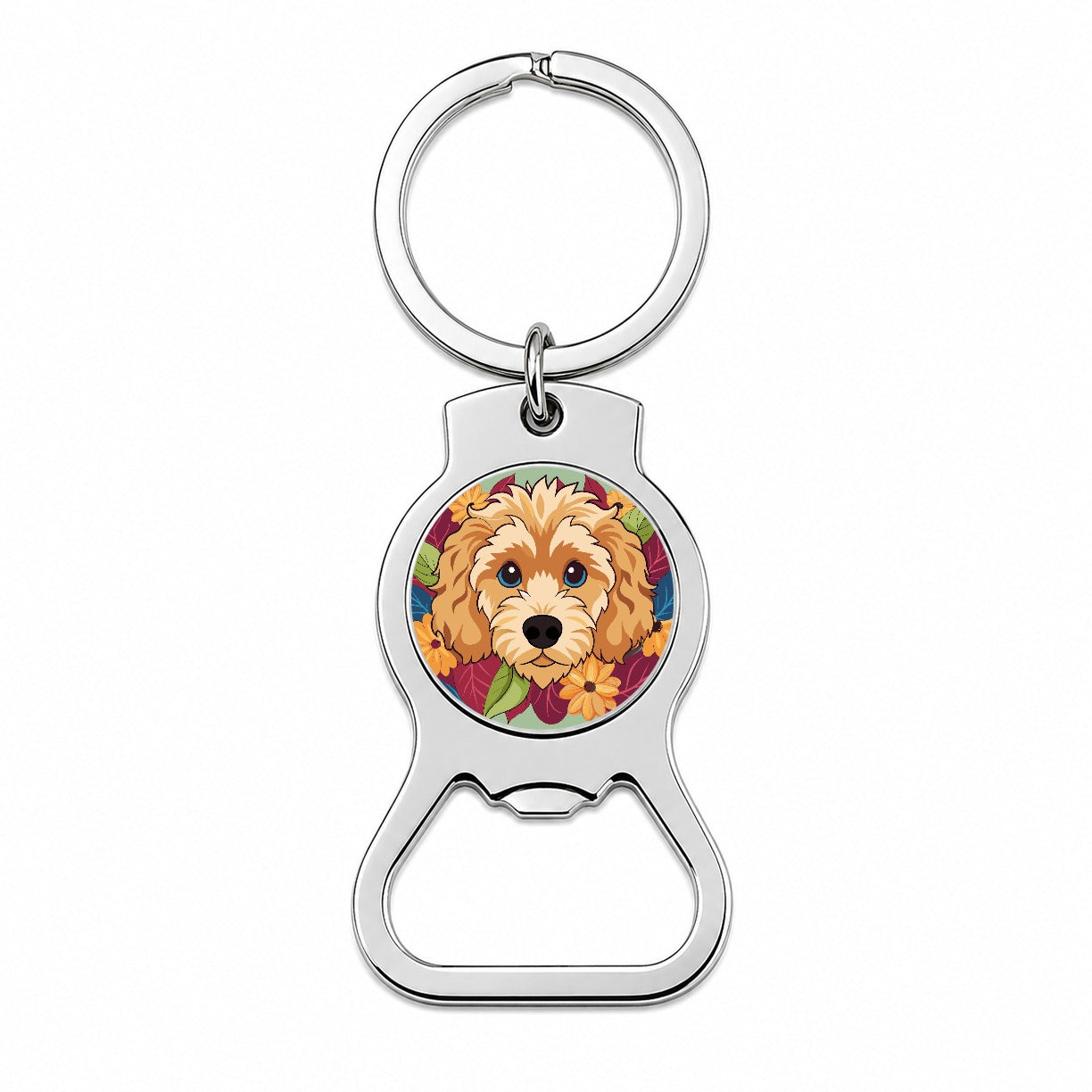 Cavapoo Head Floral Motif Dog Bottle Opener Keychain
