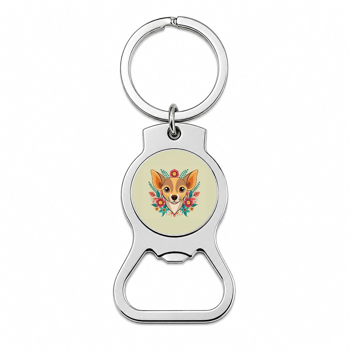 Chiweenie Head Floral Motif Dog Bottle Opener Keychain