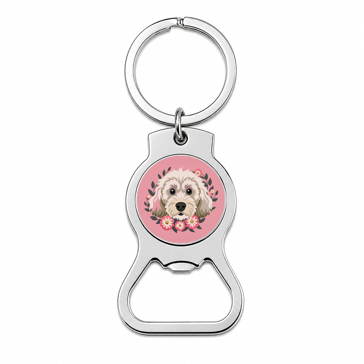 Cockapoo Head Floral Motif Light Pink Dog Bottle Opener Keychain