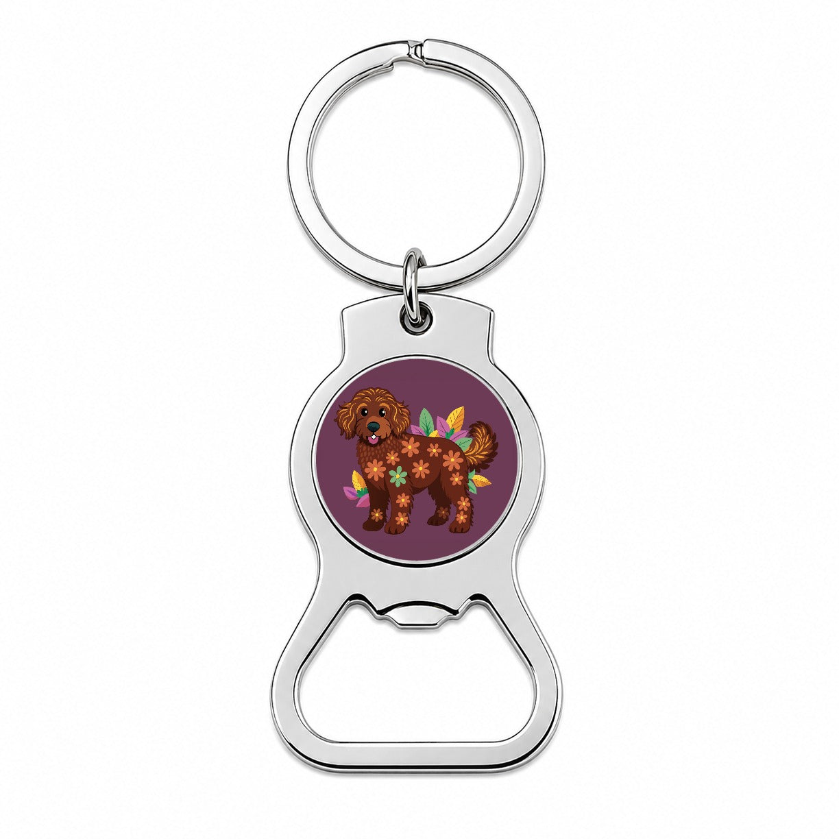 Dark Brown Golden Doodle Floral Motif Purple Dog Bottle Opener Keychain