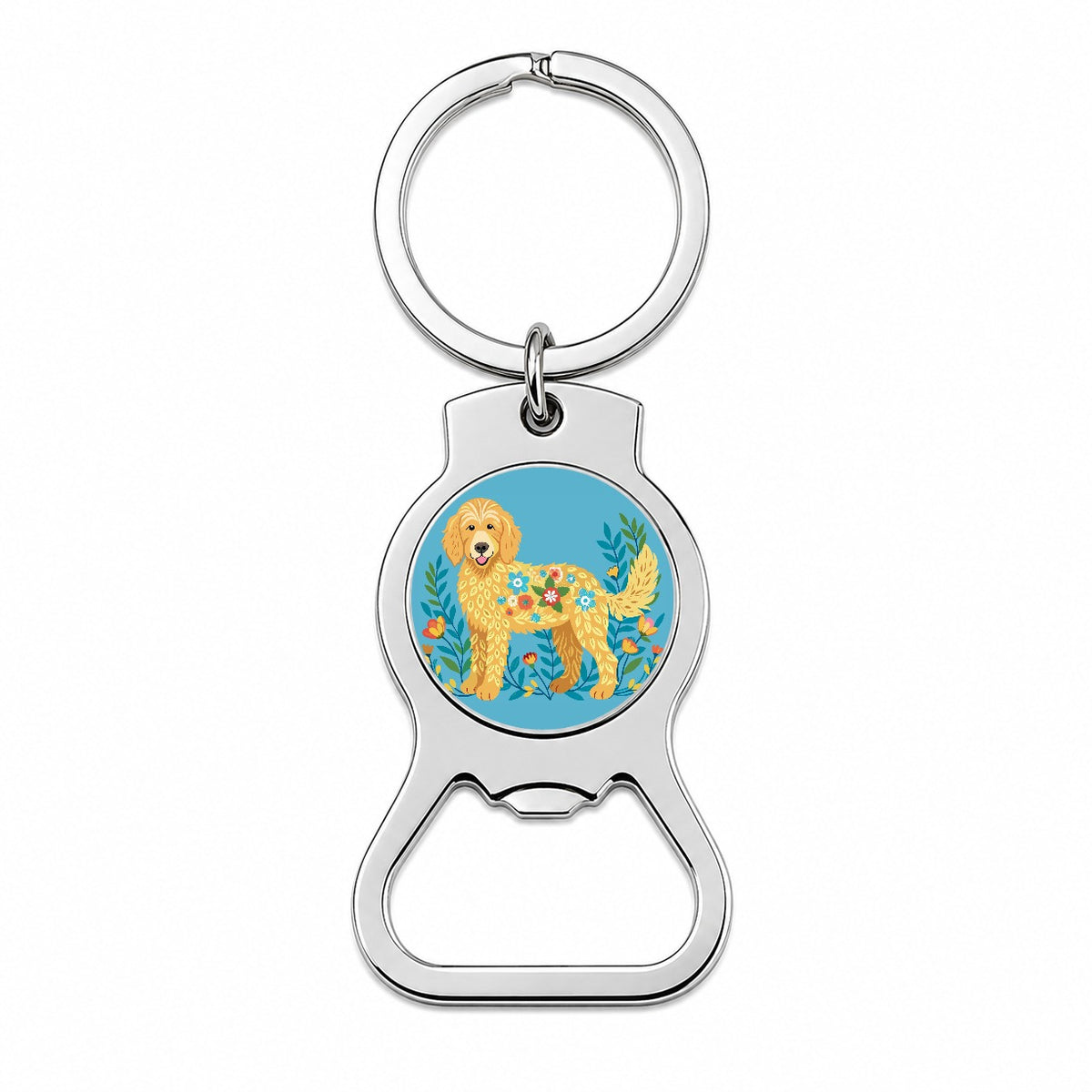 Golden Doodle Floral Motif Blue Dog Bottle Opener Keychain