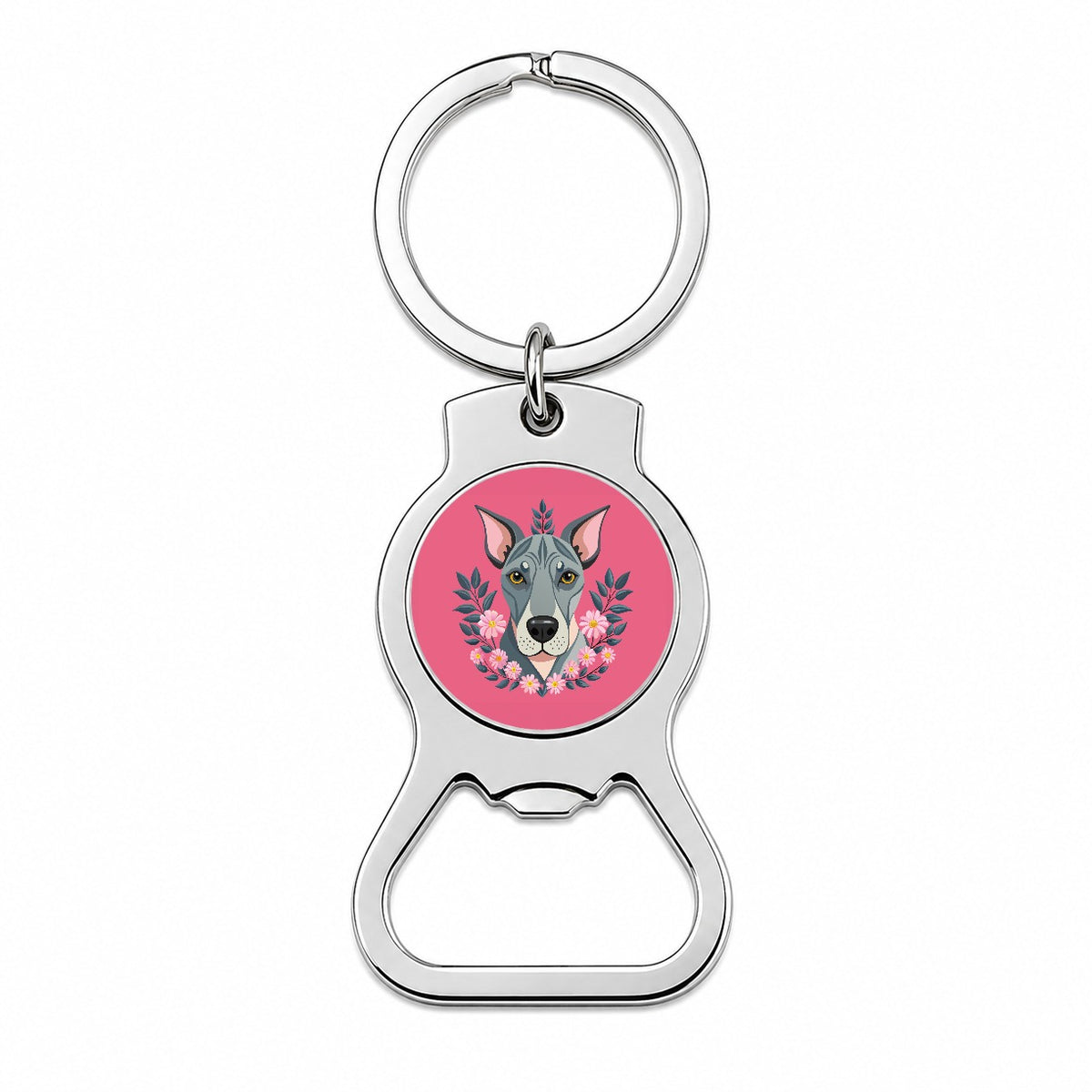 Great Dane Head Floral Motif Pink Background Dog Bottle Opener Keychain