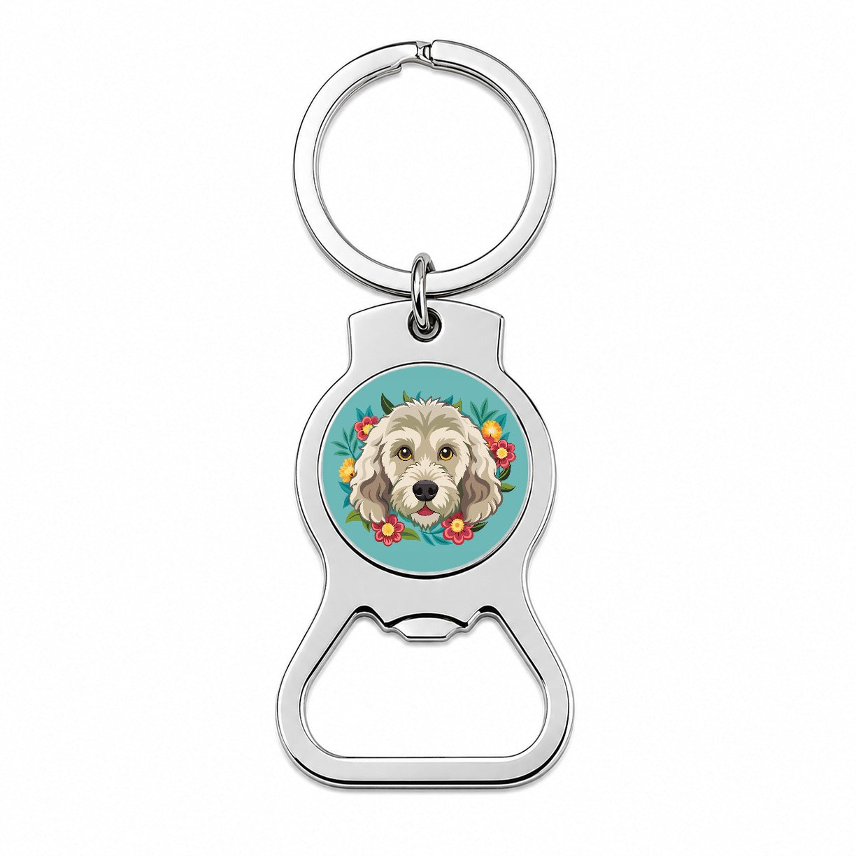 Labradoodle Head Floral Motif Dog Bottle Opener Keychain
