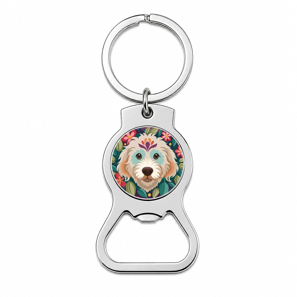 Labradoodle Head Floral Motif Purple Dog Bottle Opener Keychain