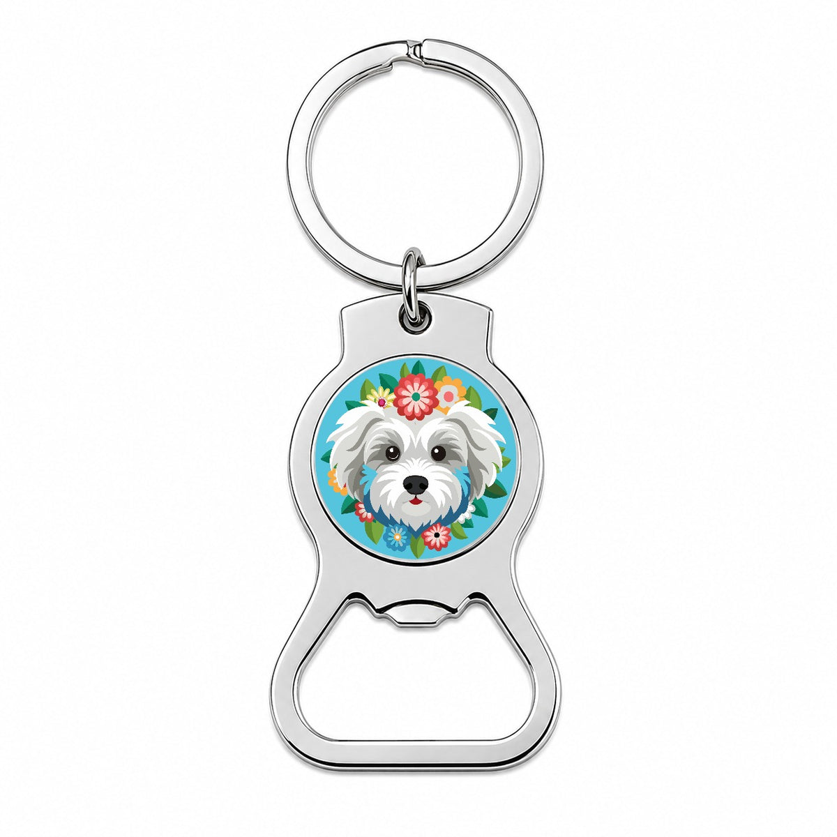 Maltipoo Head Floral Motif Blue Dog Bottle Opener Keychain