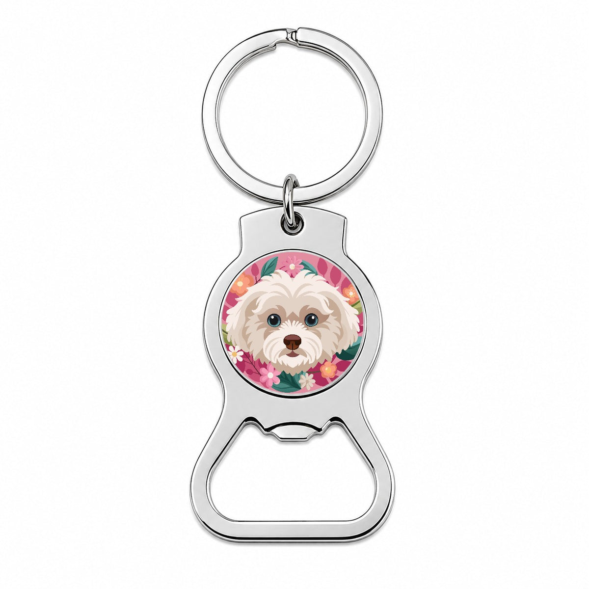 Maltipoo Head Floral Motif Pink Dog Bottle Opener Keychain