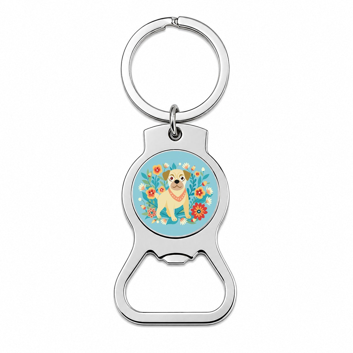 Puggle Floral Motif Blue Dog Bottle Opener Keychain