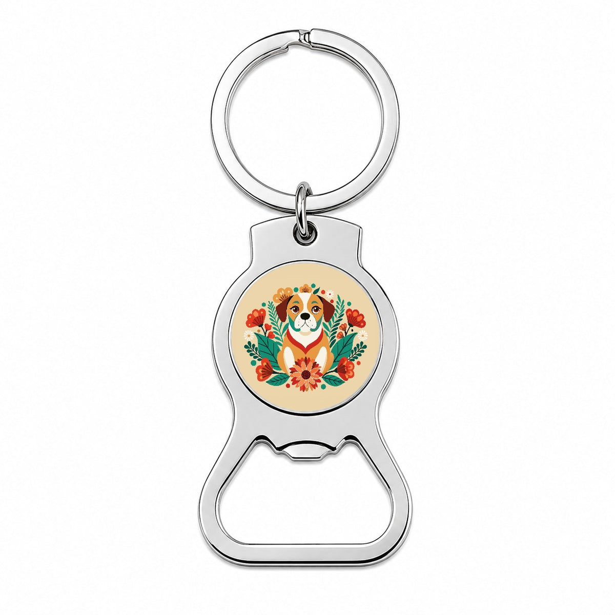 Puggle Floral Motif Dog Bottle Opener Keychain