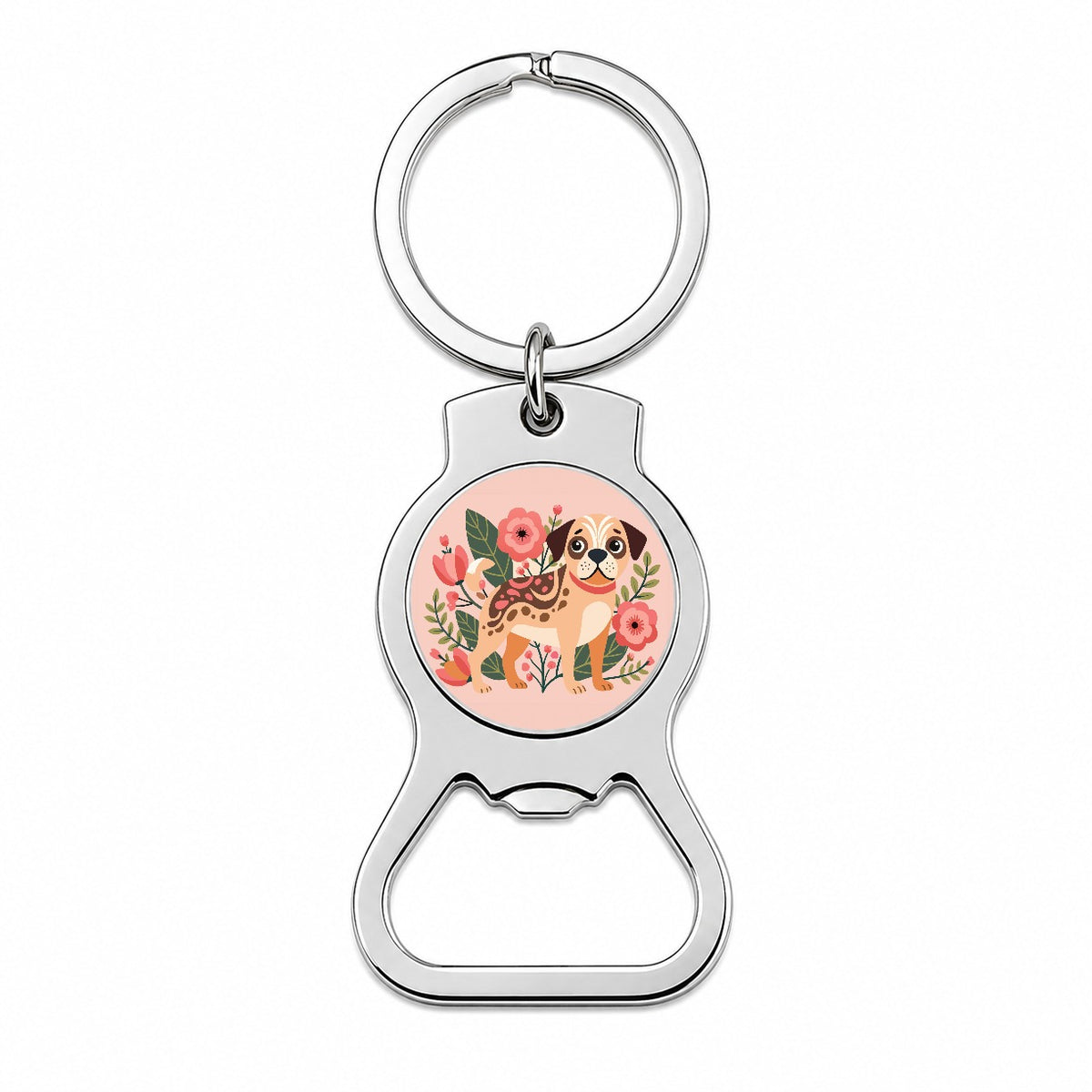 Puggle Floral Motif Pink Dog Bottle Opener Keychain