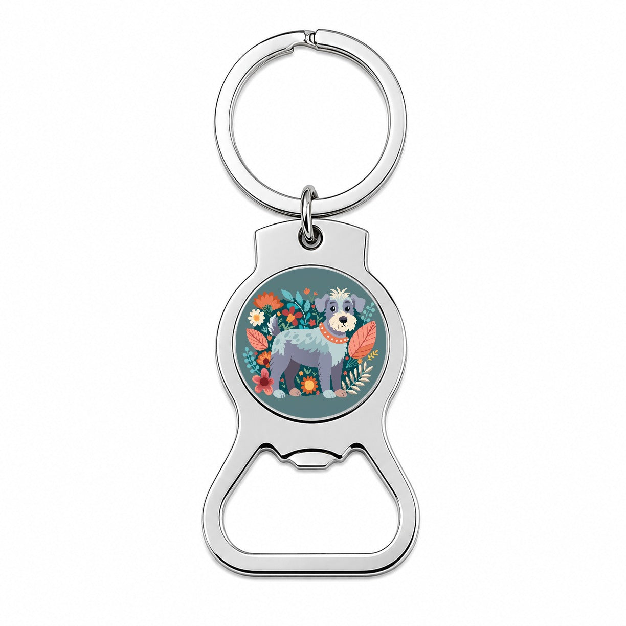 Schnoodle Floral Motif Dog Gray Bottle Opener Keychain