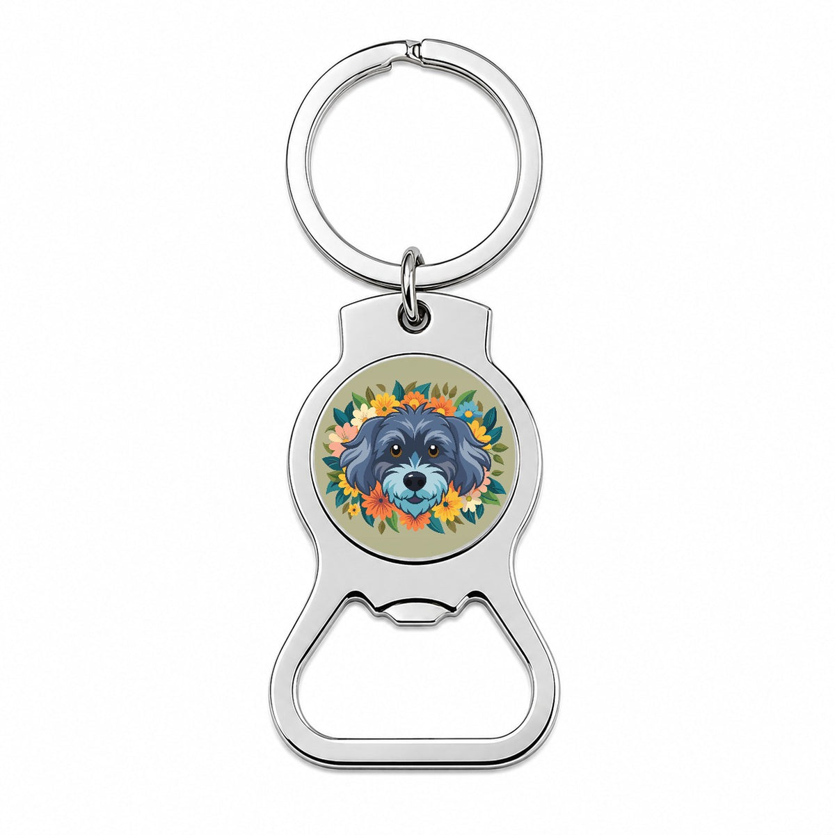Schnoodle Head Floral Motif Dog Bottle Opener Keychain